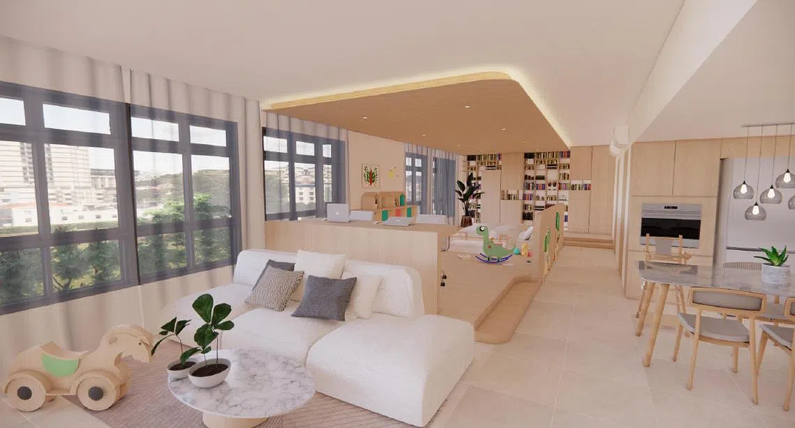 内部不设隔墙、空间方正连通的组屋格局，会不会让你心动？（建屋局提供构想图）