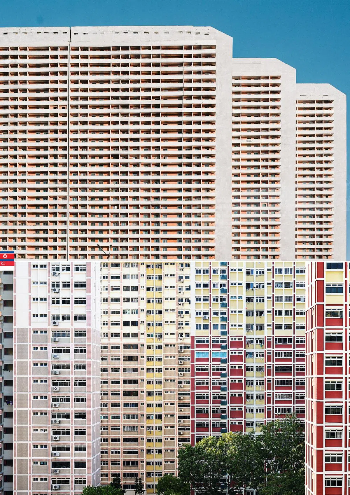  上图：朝鲜的公共住屋喜欢采用方方正正的设计与排列方式，这个爱好与新加坡政府组屋相比较，真的很像“失散多年的兄弟”。每间公共住屋的面积介于75平米至90平米。在朝鲜，土地与产权是国有的，民众只有使用权。如果对分配到的住房不满意，或有特殊要求，或工作地点有任何更动，再或者如果你决定和父母一起住，都可以向有关部门提出申请重新分配。（Mindy Tan摄） 下图：新加坡有80%的人都居住在组屋里，图为坐落于新加坡勿洛区的政府组屋。（海峡时报）   