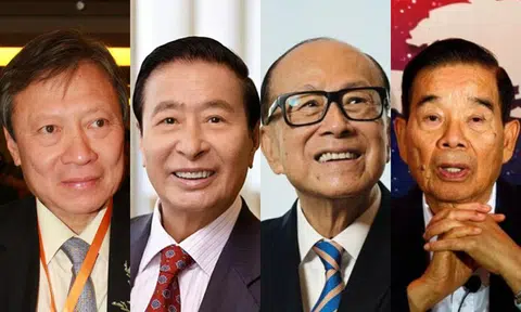 四大家族代表人物，左起分别为郭炳湘、李兆基、李嘉诚及郑裕彤。（红蚂蚁制图）