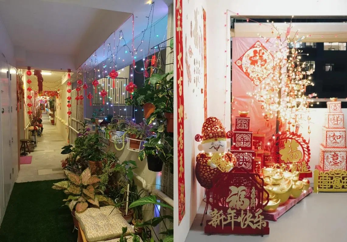 本地组屋居民发挥巧思布置走廊和电梯口。（红蚂蚁制图）