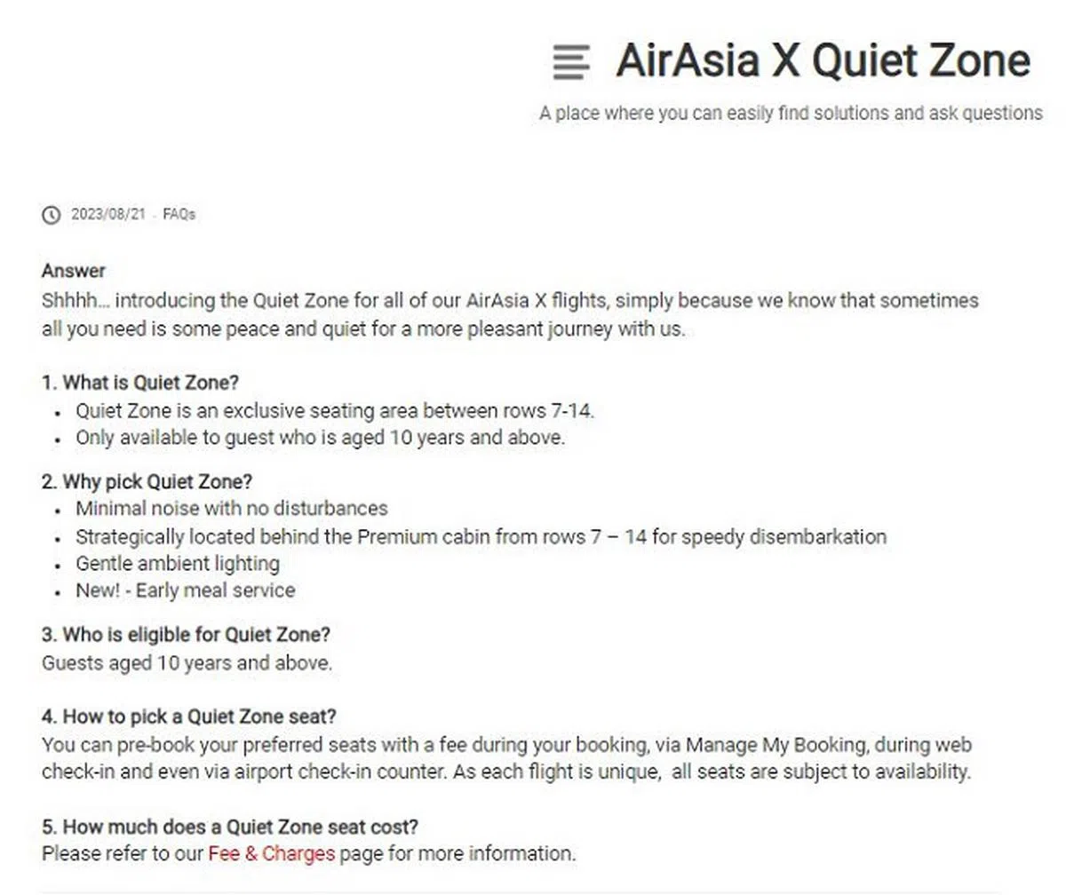 AirAsia X的宁静区只欢迎10岁或以上的乘客入座。（AirAsia X网站截图）