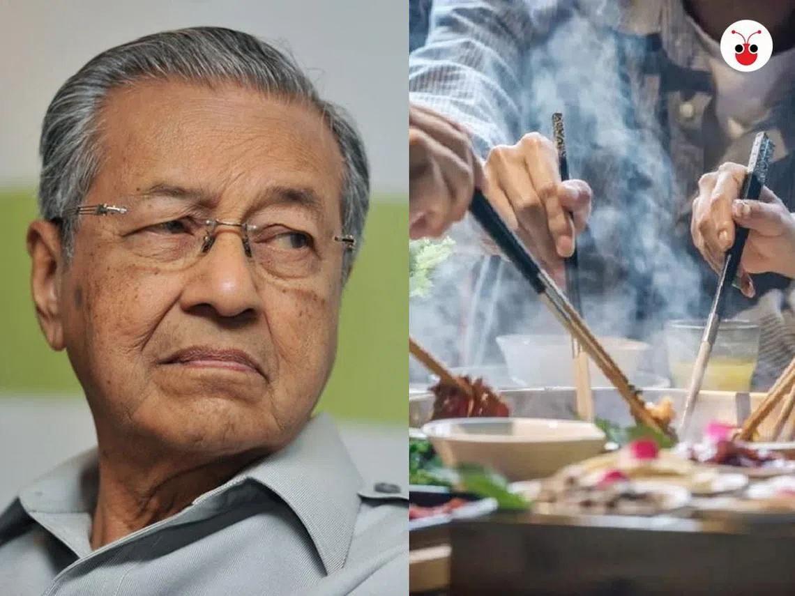 马哈迪指华人用筷子吃饭，是无法融入大马社会的原因之一，因用筷子吃饭是中国人的文化，并非马国人的文化，马国人的文化是用手吃饭。（红蚂蚁制图）