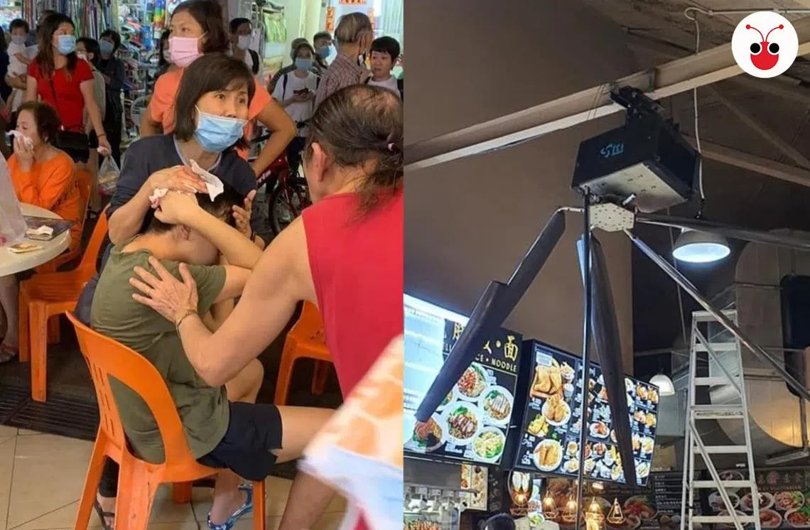 淡滨尼一家咖啡店的巨型旋转扇叶击中食客，男伤者（左）当场血流如注。（红蚂蚁制图）