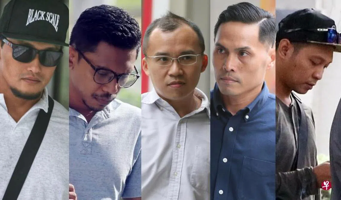 因郭俨进溺毙案被控上国家法院的五名民防部队人员（从左至右）：努尔法特瓦、法立、钟志文、纳詹、阿迪哈扎里。（早报网）