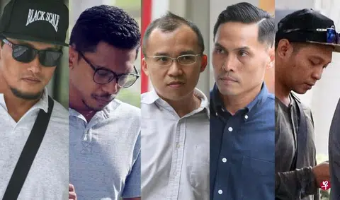 因郭俨进溺毙案被控上国家法院的五名民防部队人员（从左至右）：努尔法特瓦、法立、钟志文、纳詹、阿迪哈扎里。（早报网）