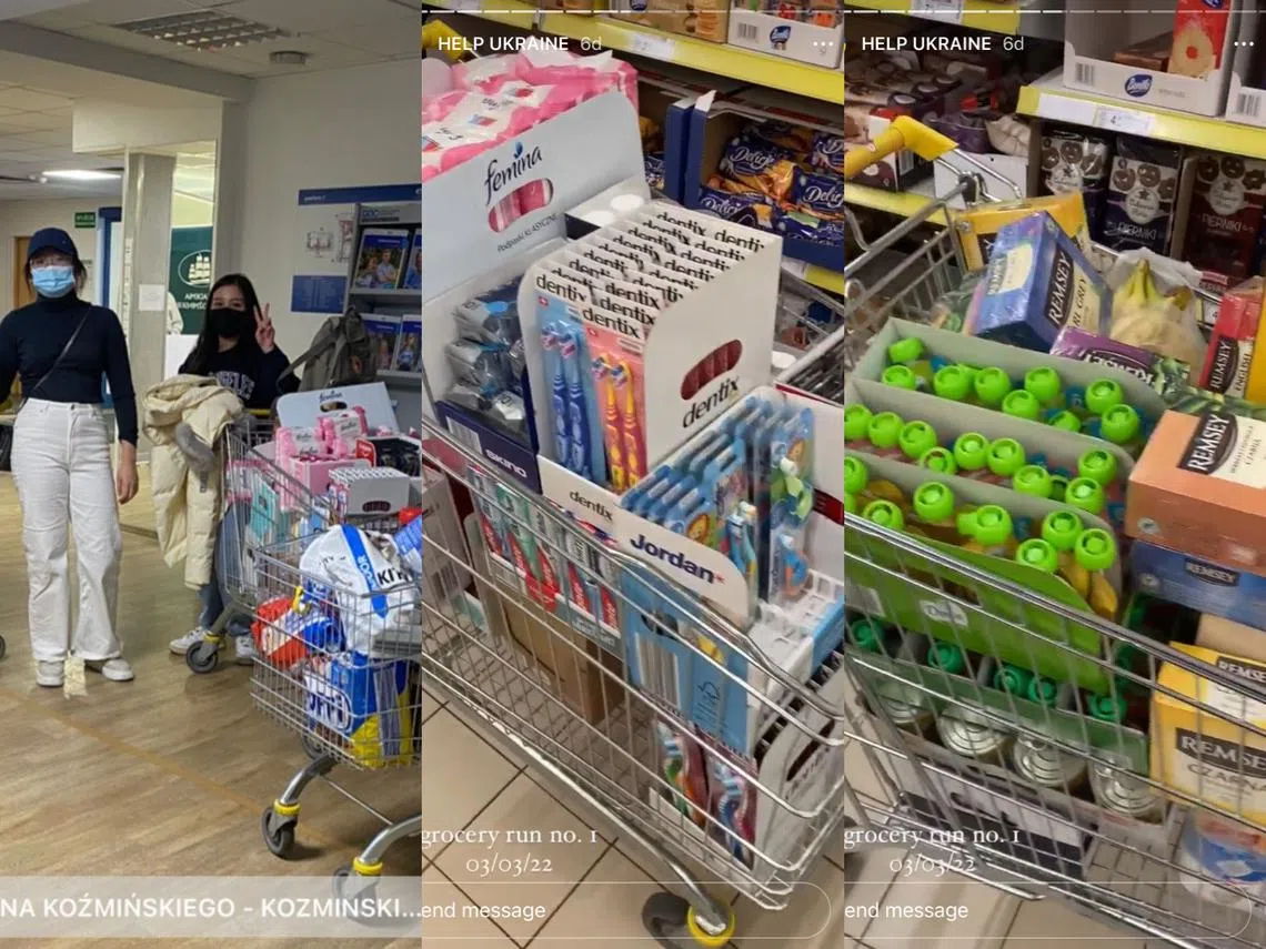 两名新加坡女大学生Christie Cheah和Priscilla Wee用筹得的款项，到超级市场购买了孩童牙刷，婴儿辅食、干粮、糖果、纸巾、猫粮狗粮等，送往难民营。（Christie Cheah的Instagram）