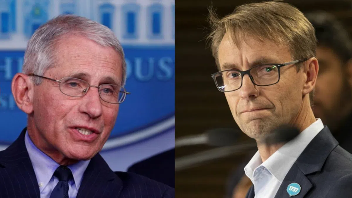  左起：美国高级卫生官员安东尼福西（Anthony Fauci）与新西兰卫生部执行长布鲁斐德（Ashley Bloomfield）。（红蚂蚁制图） 