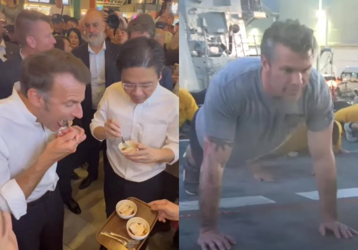 法国总统马克龙（左一）和美国防长赫格塞斯（右）是本届香会最受瞩目的人物之一。左二为接待马克龙的新加坡总理黄循财。（红蚂蚁制图）