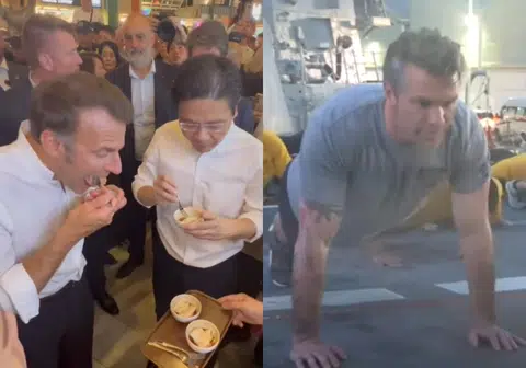 法国总统马克龙（左一）和美国防长赫格塞斯（右）是本届香会最受瞩目的人物之一。左二为接待马克龙的新加坡总理黄循财。（红蚂蚁制图）