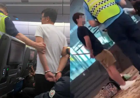今年9月一名美国籍男子（左图）因谎称机上有炸弹被我国警方逮捕，前天（14日）则有乘客（右图）因拒绝系安全带导致飞机延迟降落，事后同样被当局押走。（红蚂蚁制图）