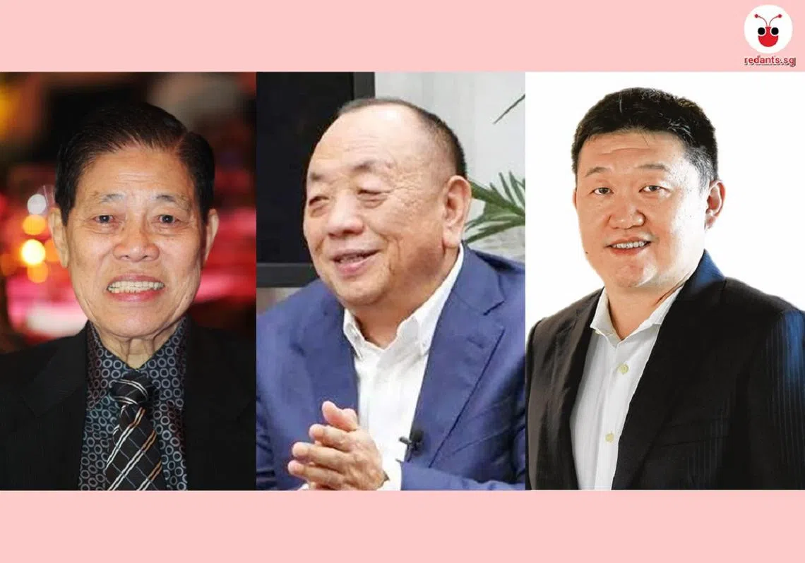 2025年新加坡十大亿万富豪前三甲：（左起）吴清亮、李西廷、李小冬。（红蚂蚁制图）