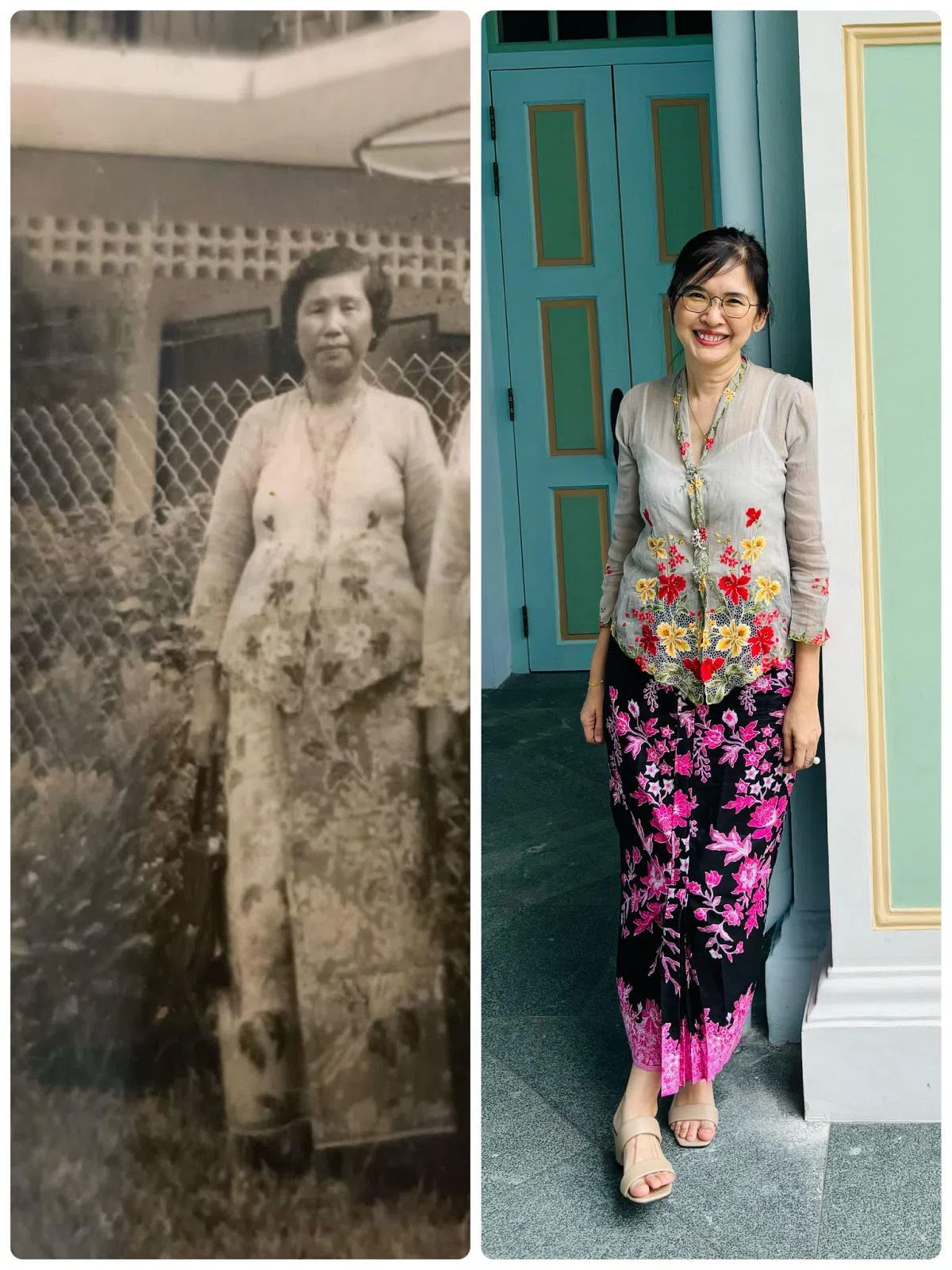 作者卢丽珊（右）这些年一直保留着祖母朱顺娘当年穿的卡峇雅上衣。（作者提供）
