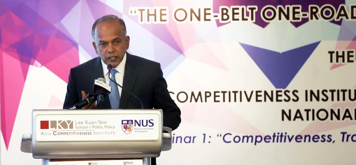 尚穆根围绕一带一路发表重要演讲。（海峡时报）