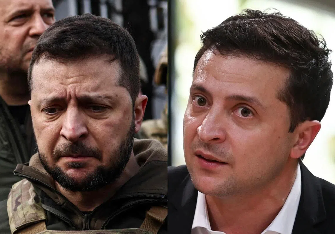 最新照片（左）显示，乌克兰总统泽连斯基相比战事爆发前已苍老了不少。（红蚂蚁制图）