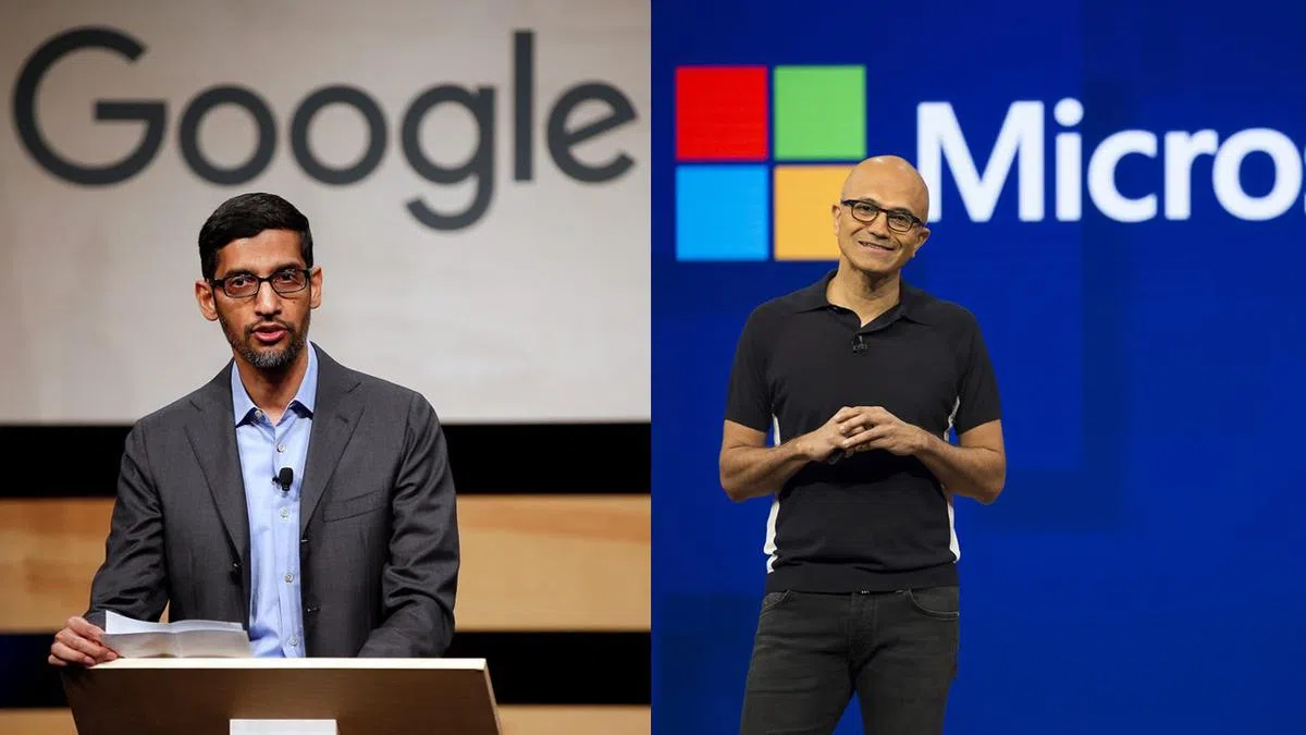  左起：谷歌CEO桑达·皮采（Sundar Pichai）和微软CEO萨提亚·纳德拉（Satya Nadella）。（互联网） 