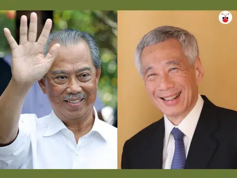 慕尤丁（左）拜相，李显龙总理（右）第一时间送上祝贺。（红蚂蚁制图）
