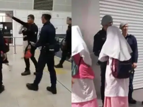 左图是3月5日警察在地铁内临检一名男乘客；右图是昨天警员向两名阿马亚里夫回教学校学生介绍通勤者守望计划。（侯佩瑜制图）