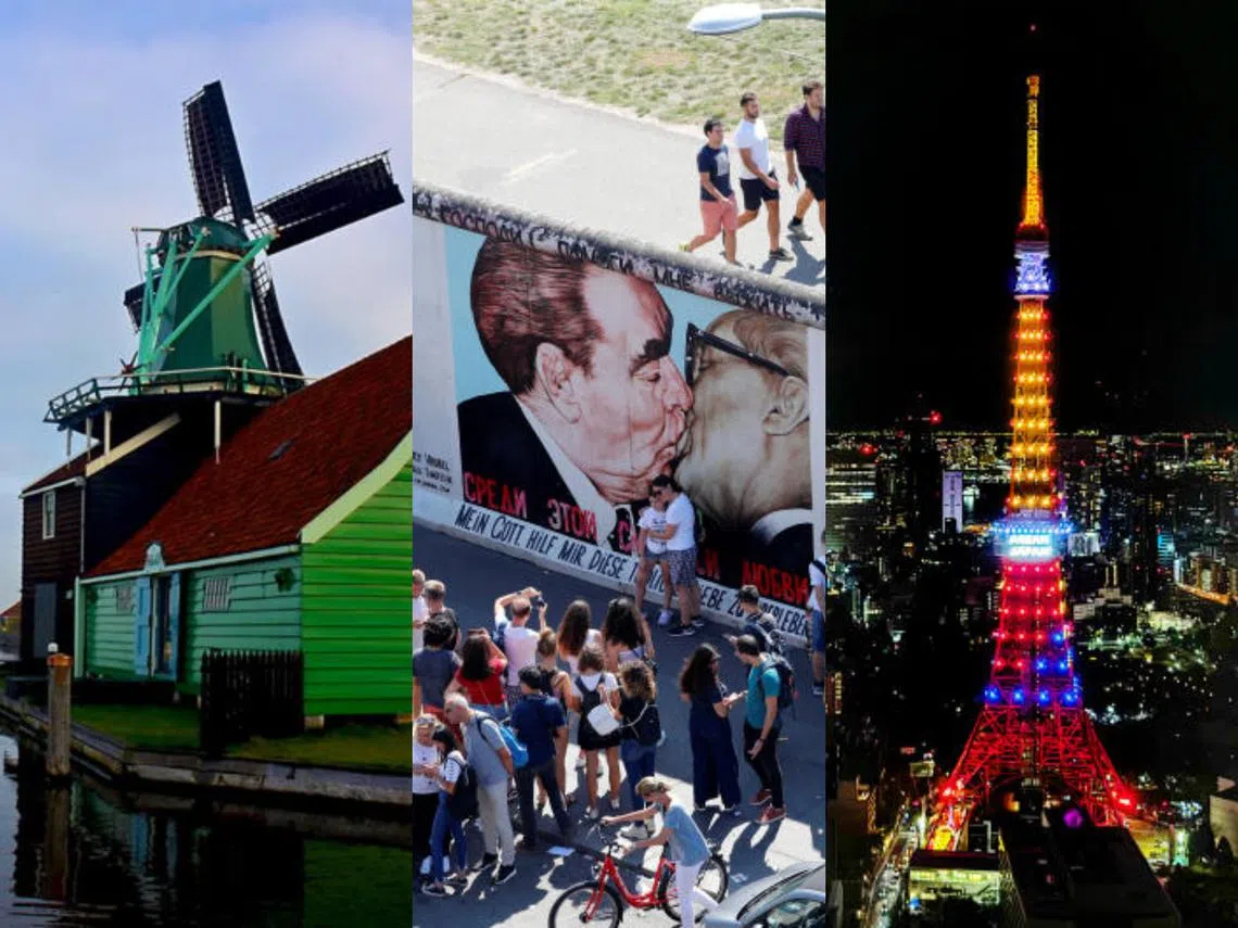 荷兰赞瑟斯汉斯风车村（Zaanse Schans）、德国柏林东边画廊以及日本东京铁塔。（联合早报/ZAKI ZULFAKAR/路透社)