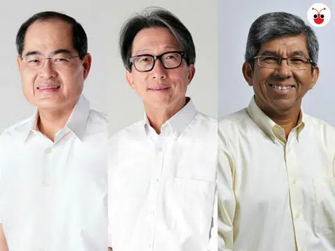 四月底即将退休的三名资深部长。左起：贸工部长（贸易）林勋强、人力部长林瑞生、通讯及新闻部长雅国博士。（卢凌之制图）