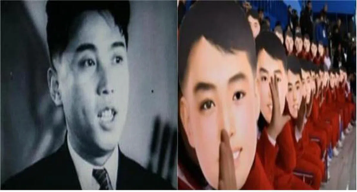  朝鲜美女啦啦队戴“男生面具”引起猜测。左为金日成年轻时照片。（互联网） 