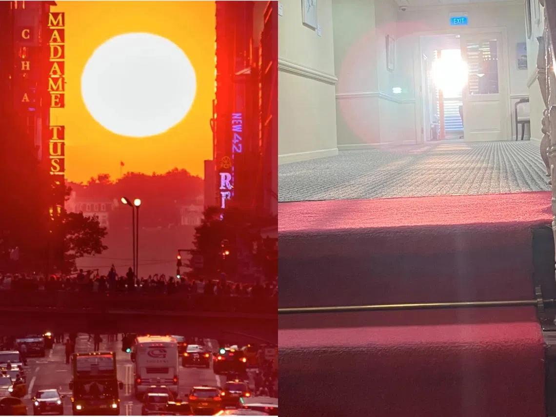 左图为“曼哈顿悬日”，右图则是“总统府悬日”。（farmersalmana/李显龙脸书）