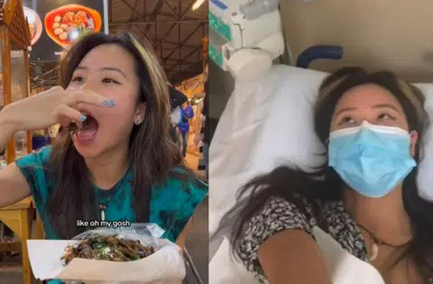 狮城网红Nicolette Wee在泰国夜市大快朵颐，结果乐极生悲。（视频截图）