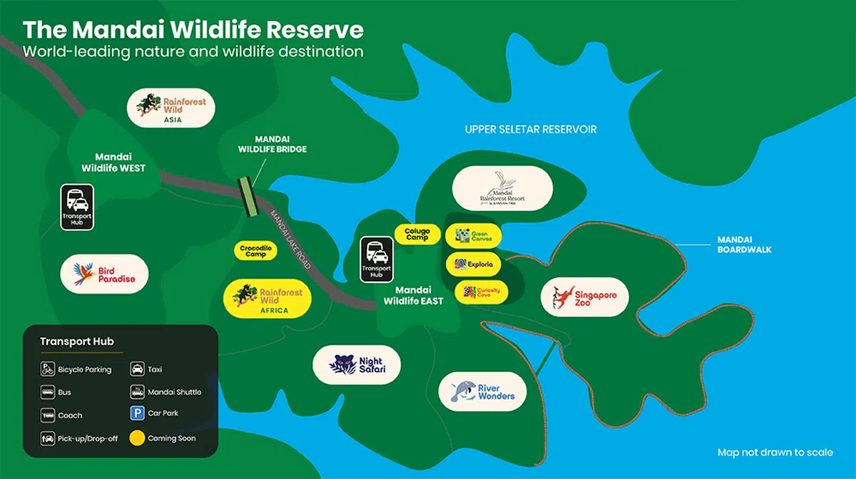 万态野生动物世界（Mandai Wildlife Reserve）旗下的五个园区：新加坡动物园、河川生态园、夜间野生动物园、飞禽公园和雨林探险园。（取自万态野生动物世界网站）