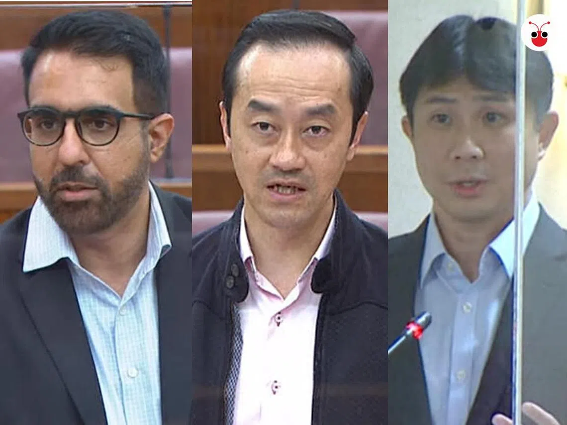 最低工资制最近又成为热点话题。工人党议员林志蔚（右）与人民行动党议员许宝琨（中）在国会辩论。工人党秘书长毕丹星（左）则在面簿上发贴文建议将新加坡的最新工资定为1300新元。（红蚂蚁制图）