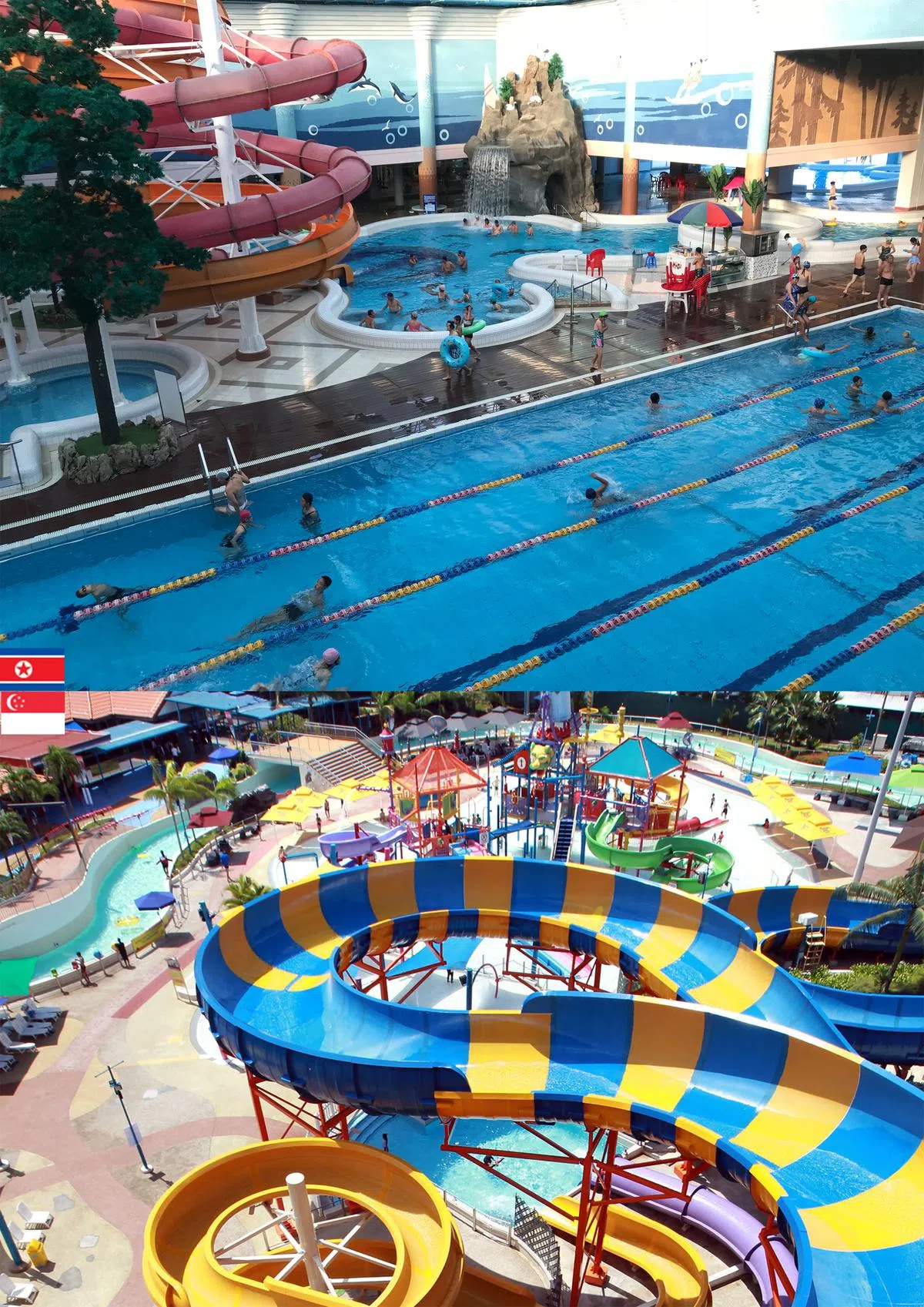 朝鲜纹绣水上乐园于2015年开始启用，室内外的游泳设施非常齐备，与新加坡的Wild Wild Wet水上乐园（下图）十分神似。上图（海峡时报）下图（互联网） 