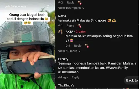 印尼送餐员录制视频感谢来自新加坡和马来西亚的外送平台用户时，眼眶泛红，偶尔擦拭眼泪。