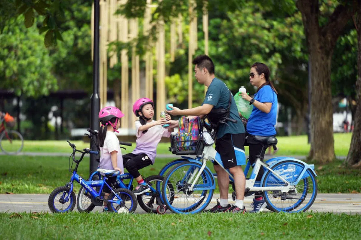两个大人带着小孩在东海岸公园共骑脚踏车，一起做户外活动。（联合早报）