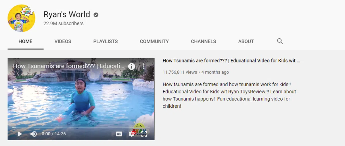  莱恩的视频频道。（Youtube截图） 