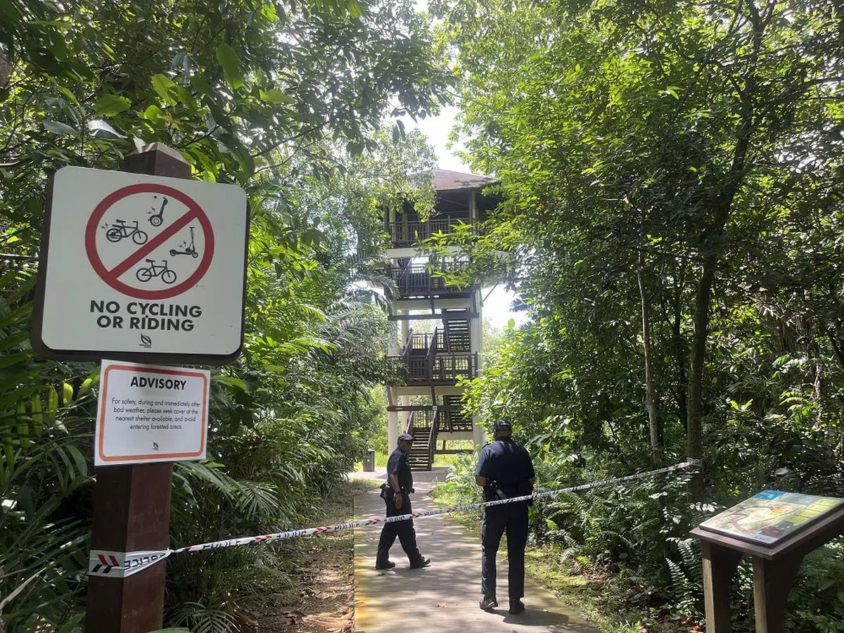 案发后，警方封锁通往白沙公园观鸟塔的走道。（海峡时报）