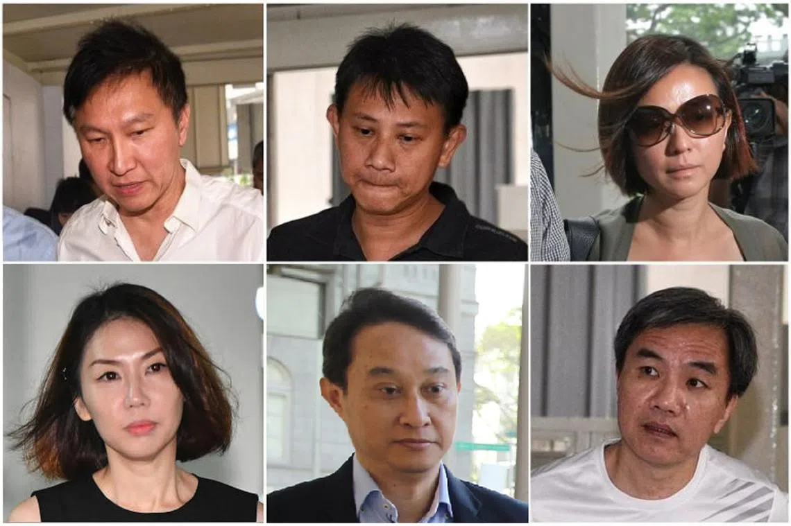 城市丰收教会失信案的六名被告。上排左起：康希、陈一平、黄玉音。下排左起：陈绍云、周英汉、林岭恒。（海峡时报）