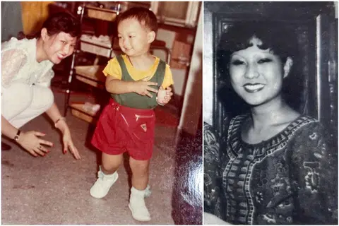 台湾男子许护竞年幼时与母亲王雯莲的合照。右边是身穿新航制服的王雯莲。（许护竞提供）