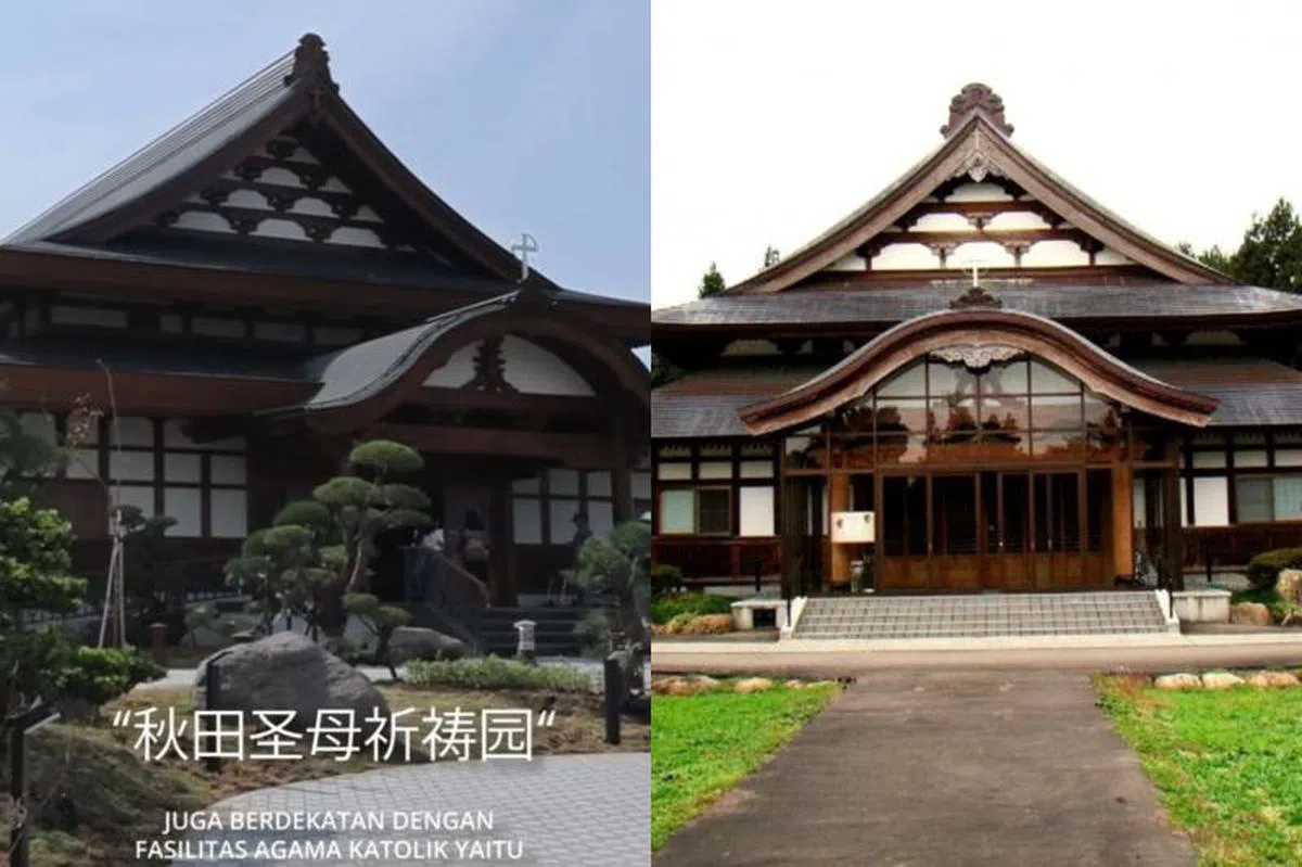左图印尼打算建造的天主教教堂，右图是位于日本秋田圣母祈祷园。（AGUNG SEDAYU/japantravel.com）