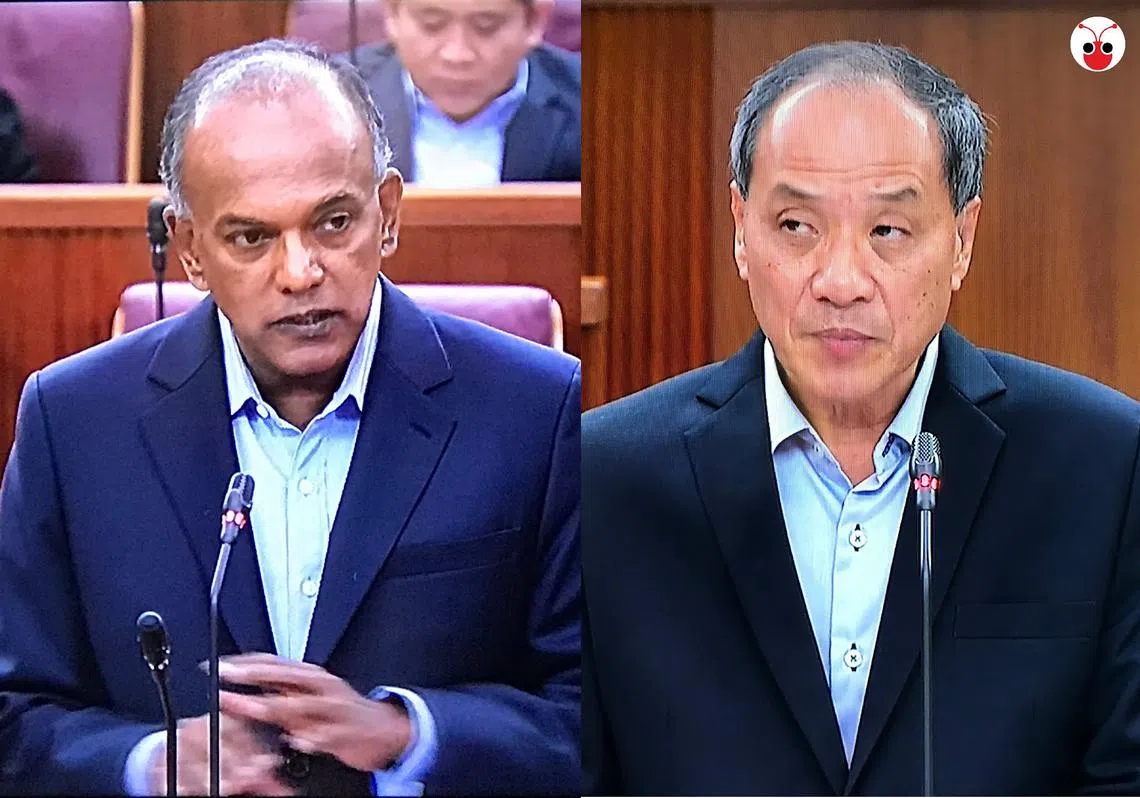 内政部长兼律政部长尚穆根（左）今天在国会上讲了两个小时，说明政府为何要推新法案打击假信息，工人党大佬刘程强（右）则炮轰法案“明修栈道、暗渡陈仓”。（郭跃男制图）