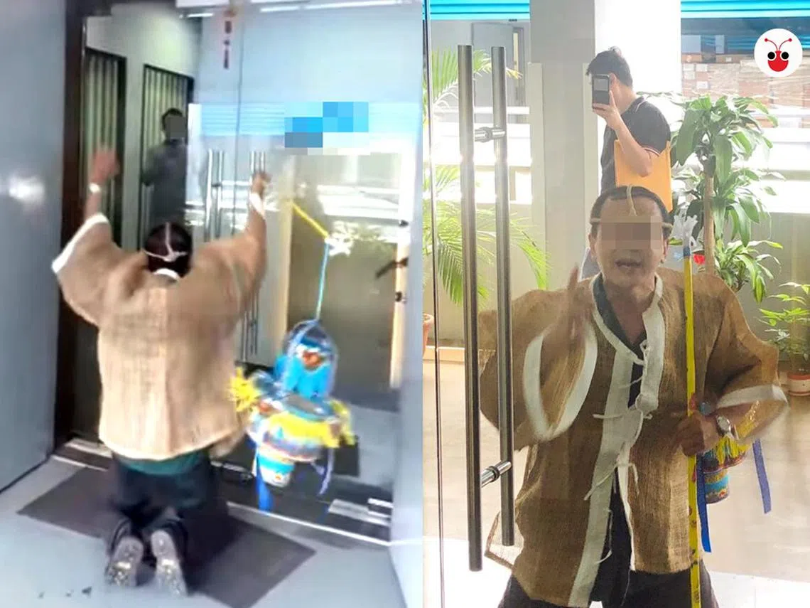 男子披麻戴孝上门讨债的视频在网上疯传。（红蚂蚁制图）