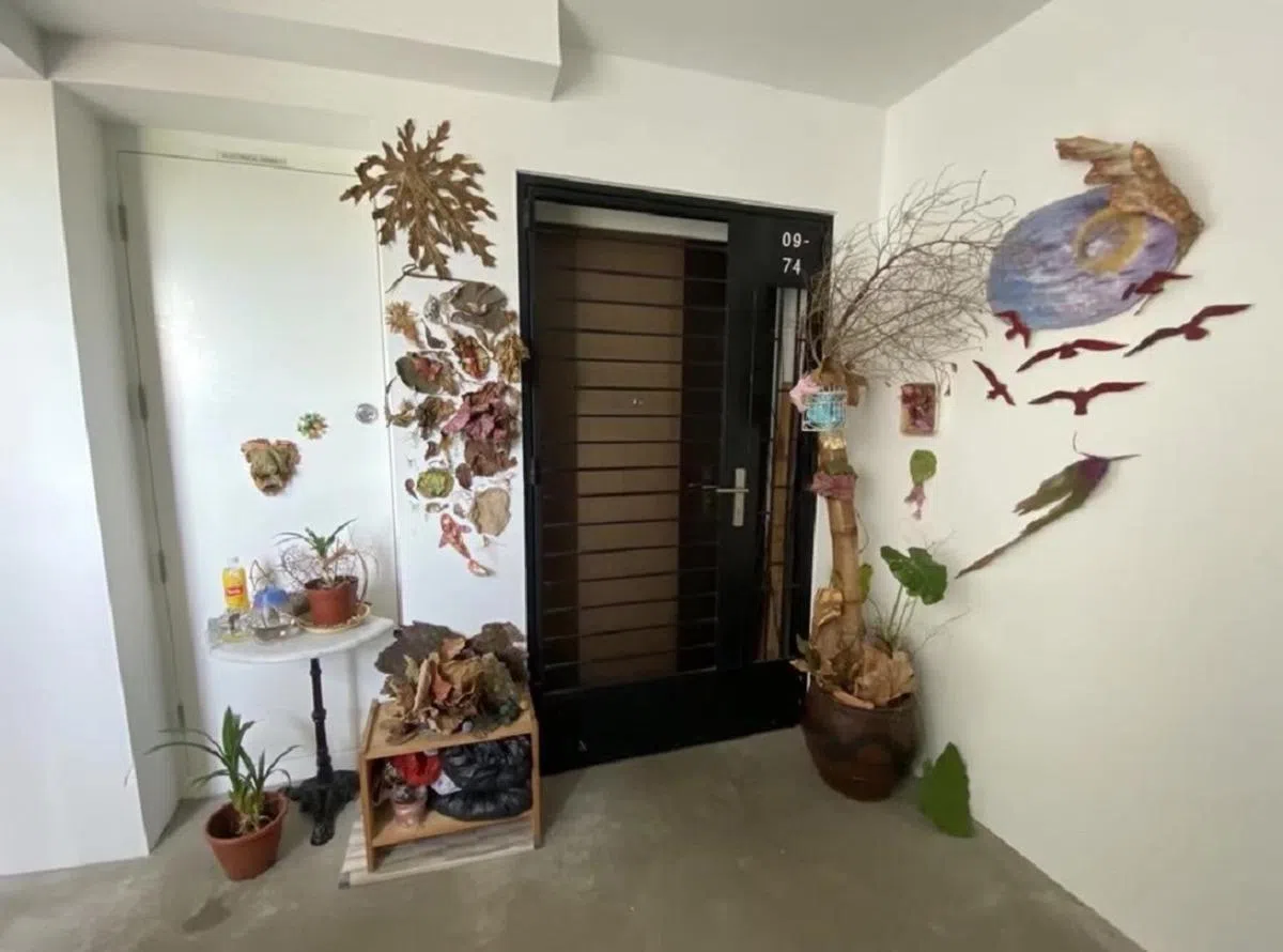 用枯叶和石头把自己家外面布置成海洋世界。（王晴摄）