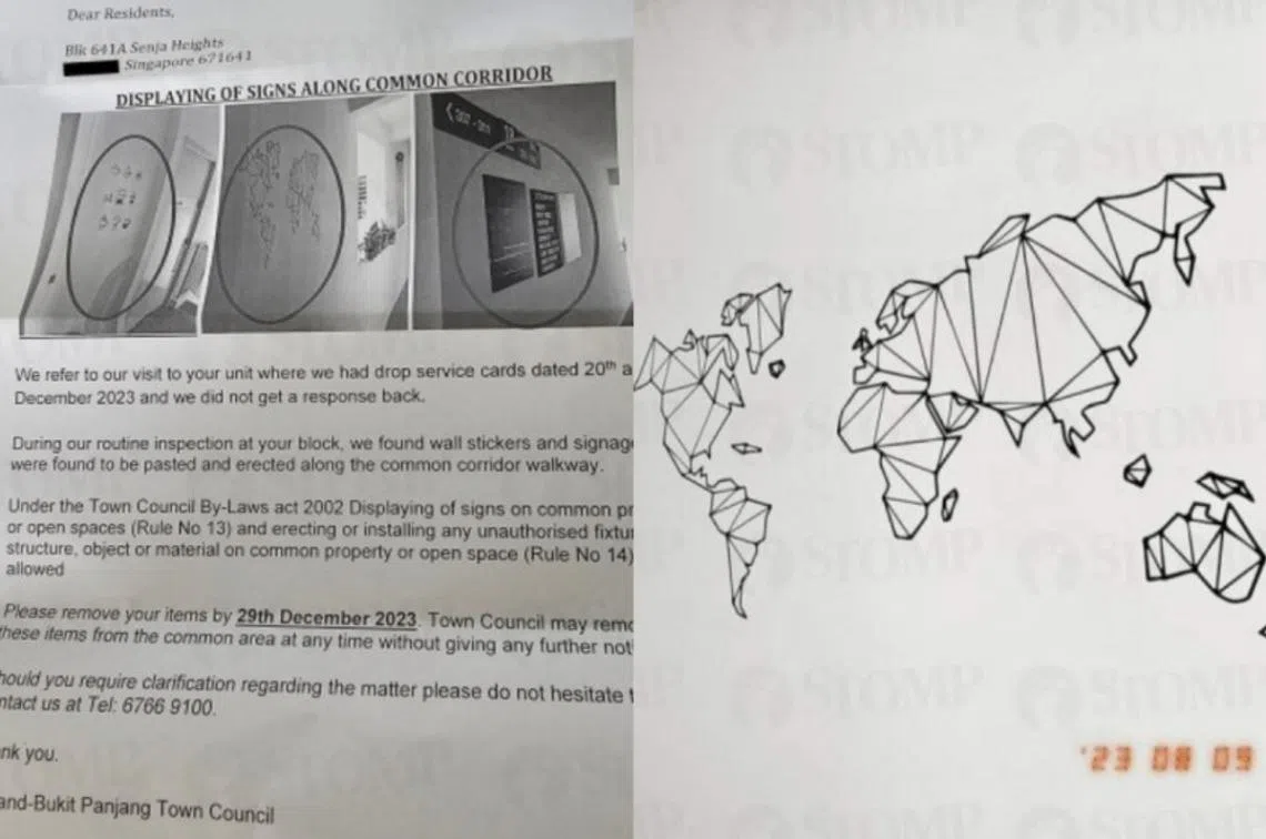 在组屋墙上张贴世界地图的贴纸，也会接到市镇理事会的警告信。（STOMP）