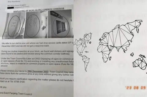 在组屋墙上张贴世界地图的贴纸，也会接到市镇理事会的警告信。（STOMP）