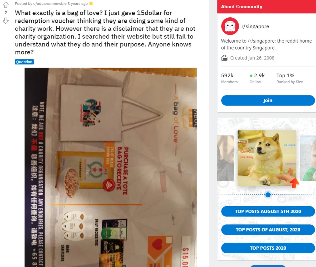 2020年8月在新加坡论坛Reddit上有网民PO文说自己刚花了15新元买了一张兑换券，想知道这是个什么组织。（Reddit截图）