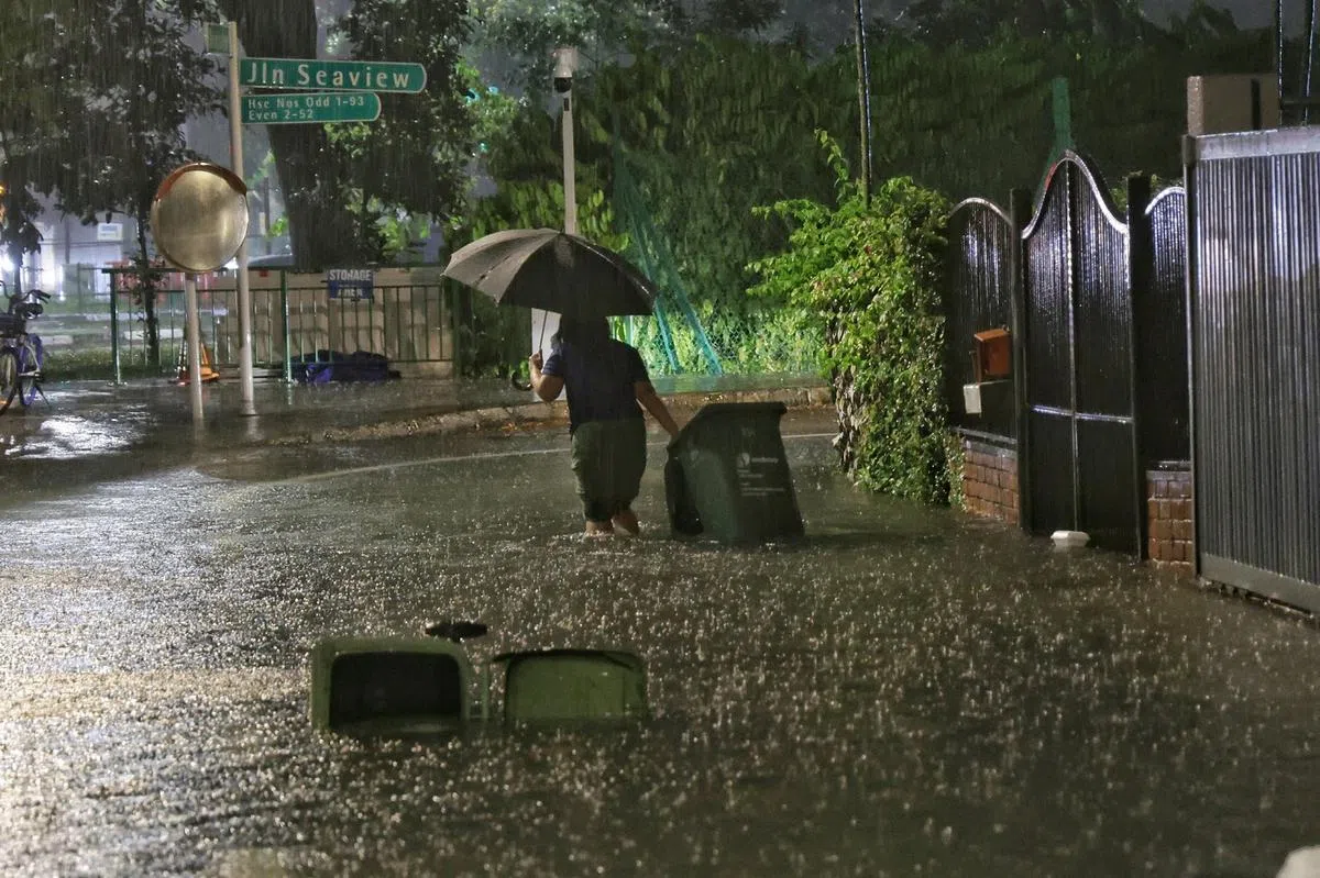 新加坡东部地区的惹兰海景（Jalan Seaview）真的变成名副其实的“海景”。（海峡时报）