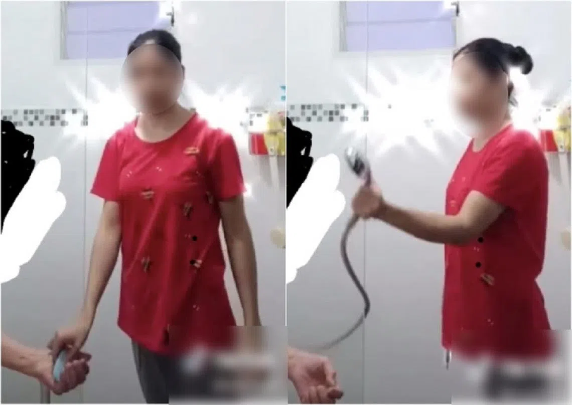 女佣将自己用花洒给光着身子的老雇主洗澡的全过程拍成TikTok视频放上网，结果在偷窥罪下遭警方逮捕。（AsiaOne）