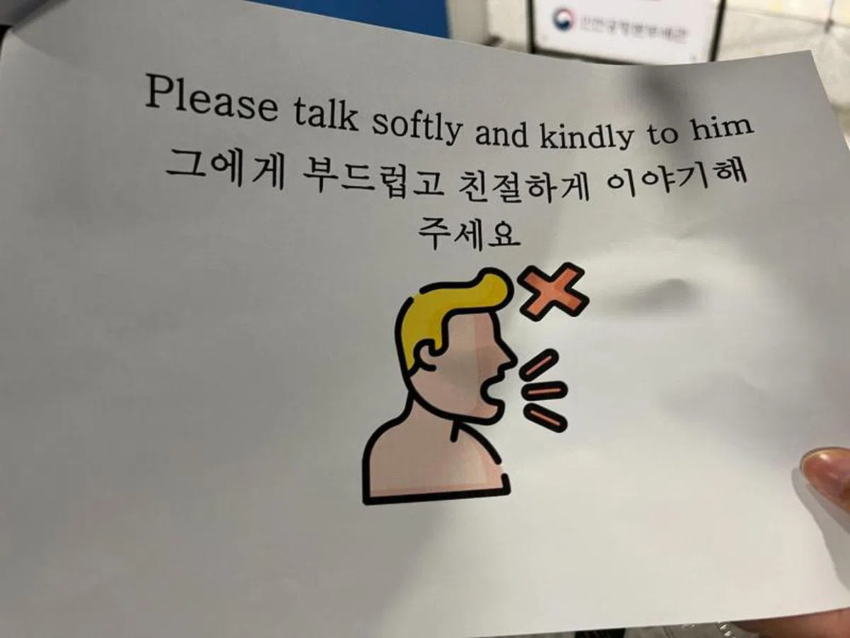 Raouf的姐姐准备了一张英韩双语的纸张，让机场工作人员阅读，上面写道：请降低声量，以温柔的语调和他交谈。（Majeed Khader脸书）