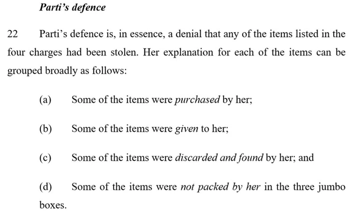  女佣莉雅妮为自己辩护时说，三大箱子中的物件，有些是她自己购买、有些是别人给她的、有些是在廖家成员丢弃后，从从垃圾桶捡回来的、还有一些不是她放进箱子里的。（陈成安判词截图） 