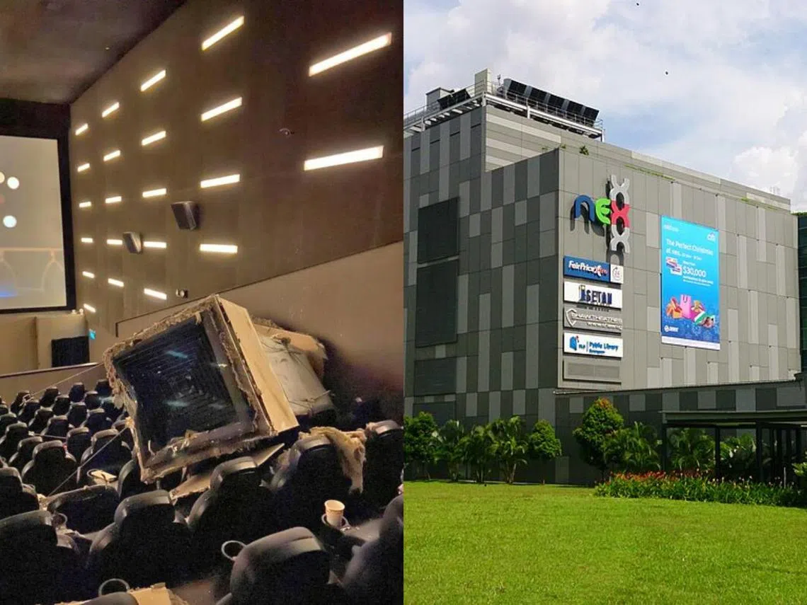 NEX购物中心邵氏电影院的天花板上两个冷气与机械通气管脱落，砸伤两名女子，一人疑脊椎受伤，另一人则头部擦伤。（互联网）