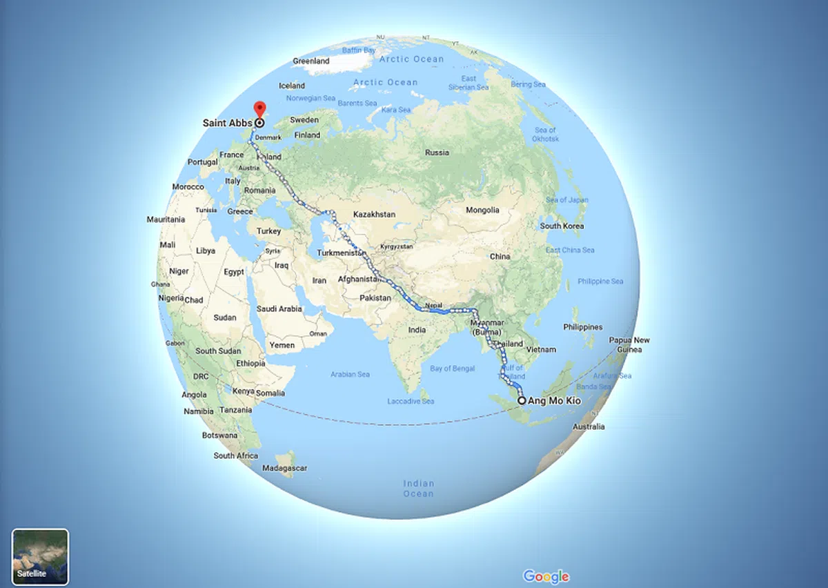  从宏茂桥骑车到圣阿布斯，还真是‘世界上最遥远的距离’。（谷歌地图截图） 