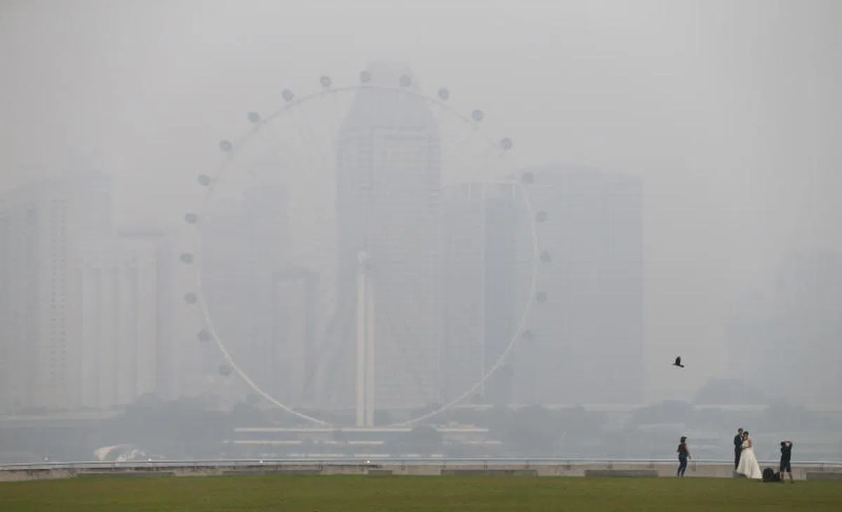  2015年新加坡烟霾情况。图后方为新加坡摩天观景轮（Singapore Flyer）朦胧一片，一对新人在草铺上拍婚纱照。（联合早报） 