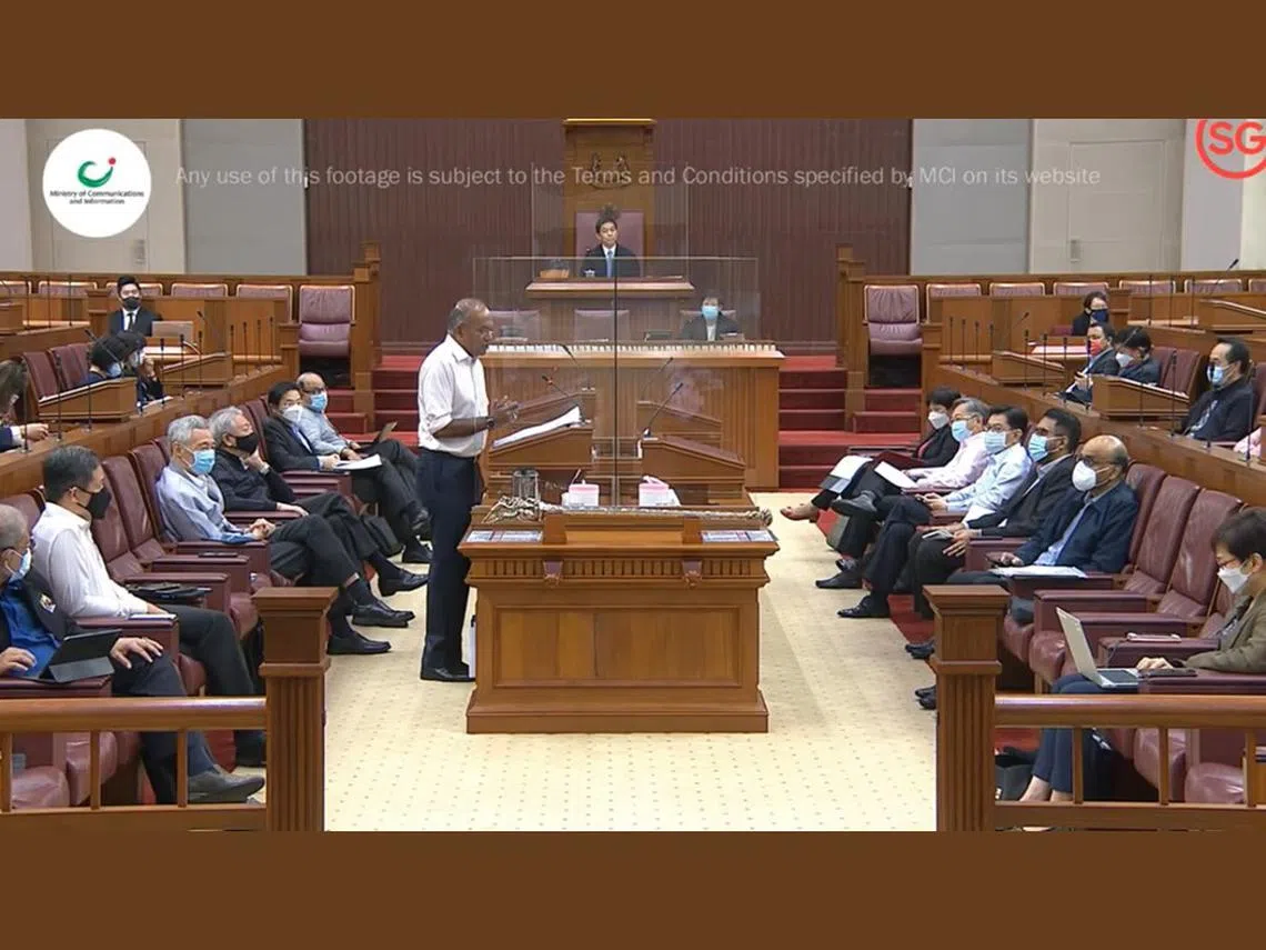 国会在本周二（9月14日）进行了一场多年来罕见的近10小时的马拉松辩论，围绕着“新加坡人的工作与生计”动议展开朝野之间的攻防战。（通讯及新闻部国会直播视频截图）